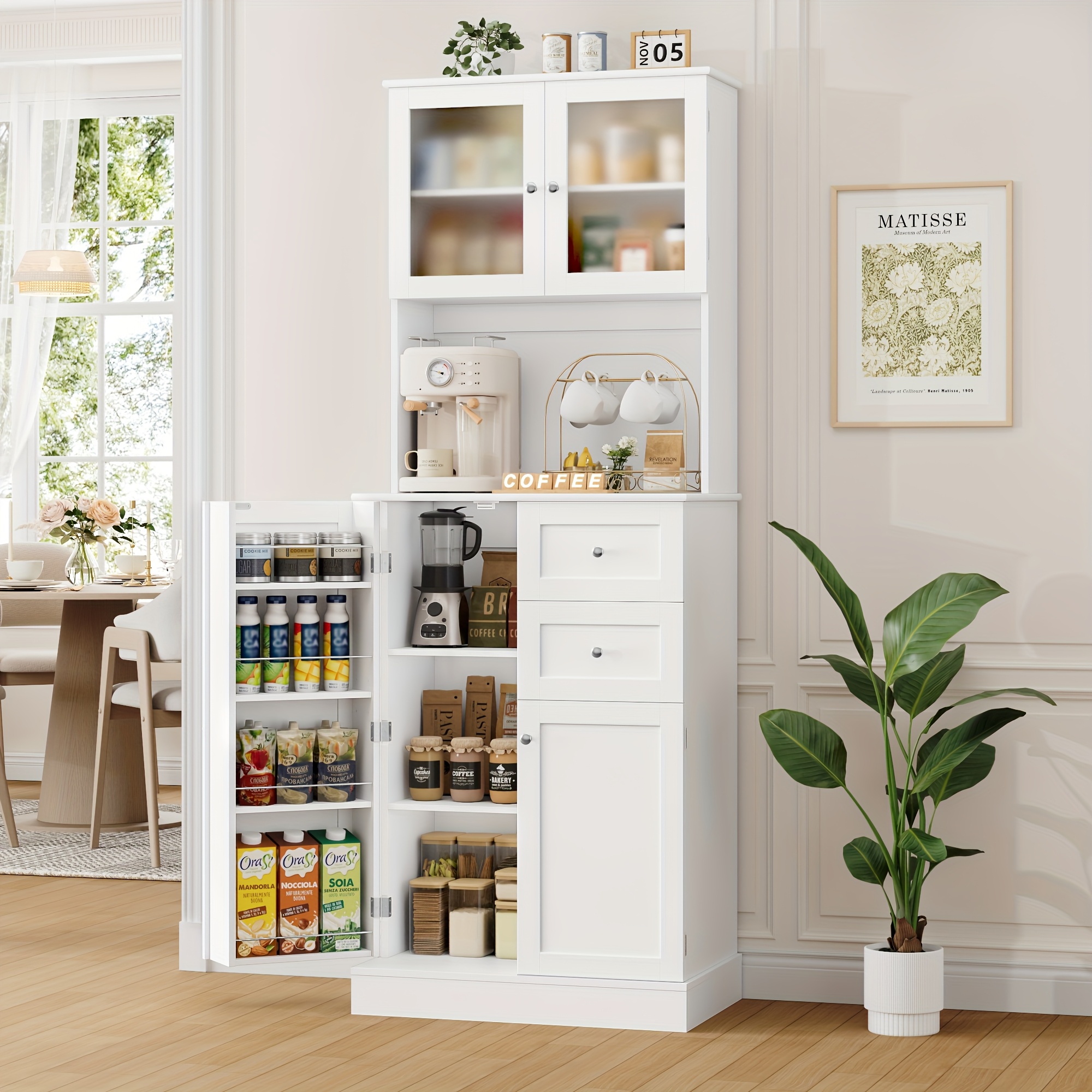 Kealive 182.5cm Tall Kitchen Pantry Cupboard, Kitchen Buffet Cabinet With 2 Glass Doors, Storage Cabinet For Kitchen, Dining Room, Living Room, Hallway, White