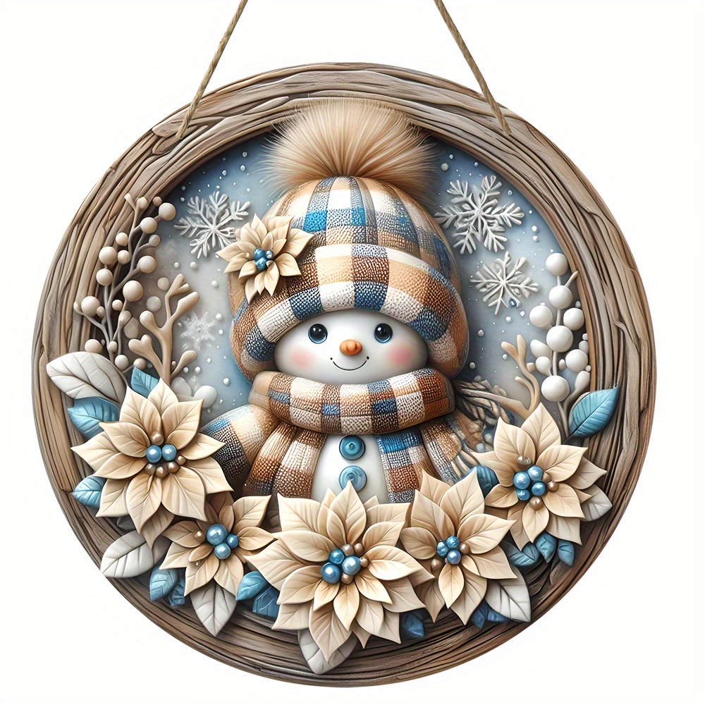 

Snowman Wreath Sign - 8x8" Round Wooden Door Hanger For Winter & Christmas Decor, Perfect Gift Idea