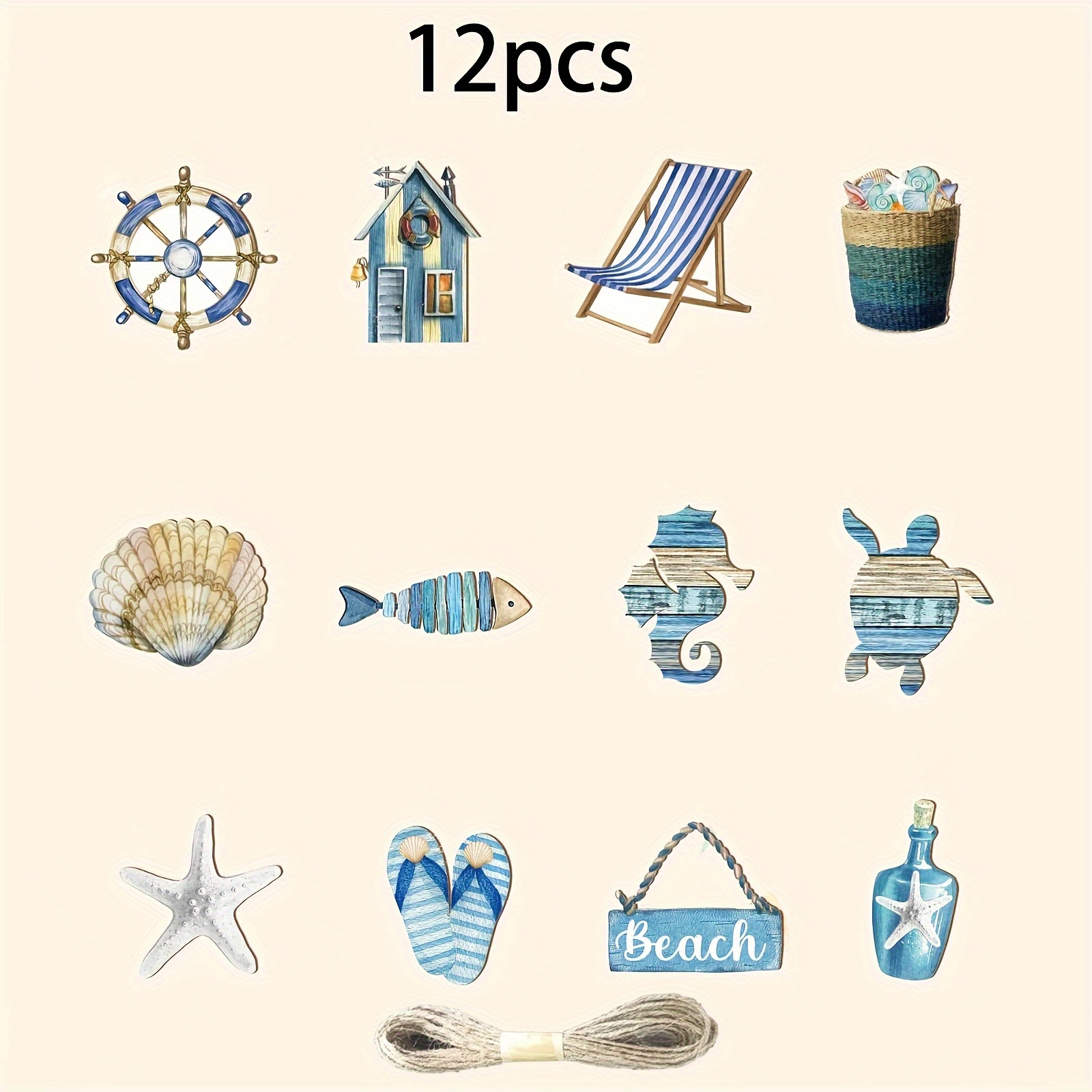 Image of 12pcs-summer Decorations, Coastal Nautical Wooden Die-cut Hanging Ornaments, Home Party Summer Decor - Manufactured Wood