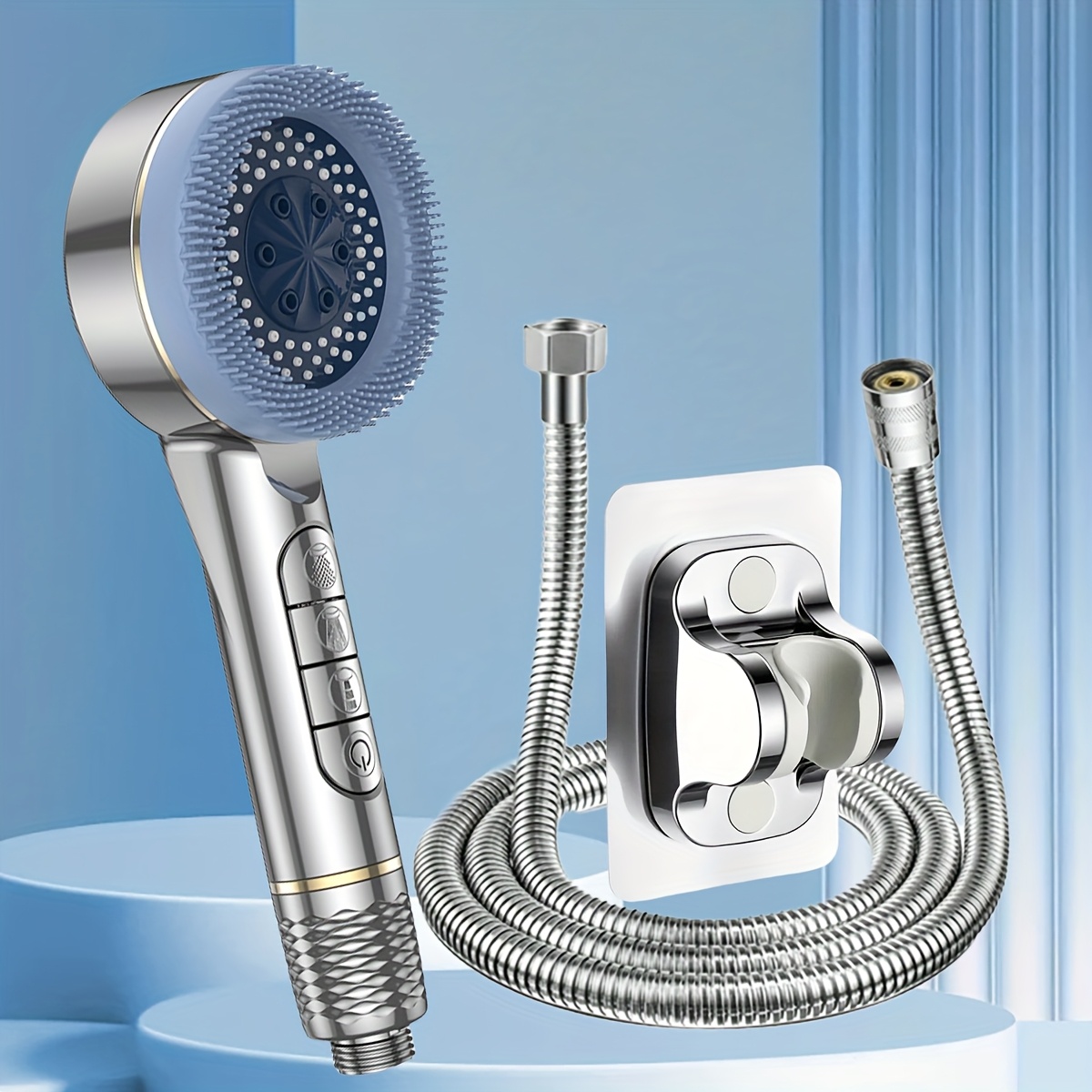 Prague Piano Button Style - Silvery: 3pcs 4 Mode Massage Shower Headadjustable Stop Bathroom Filterhigh-pressure Water- Shower Mixer Nozzles Accessories