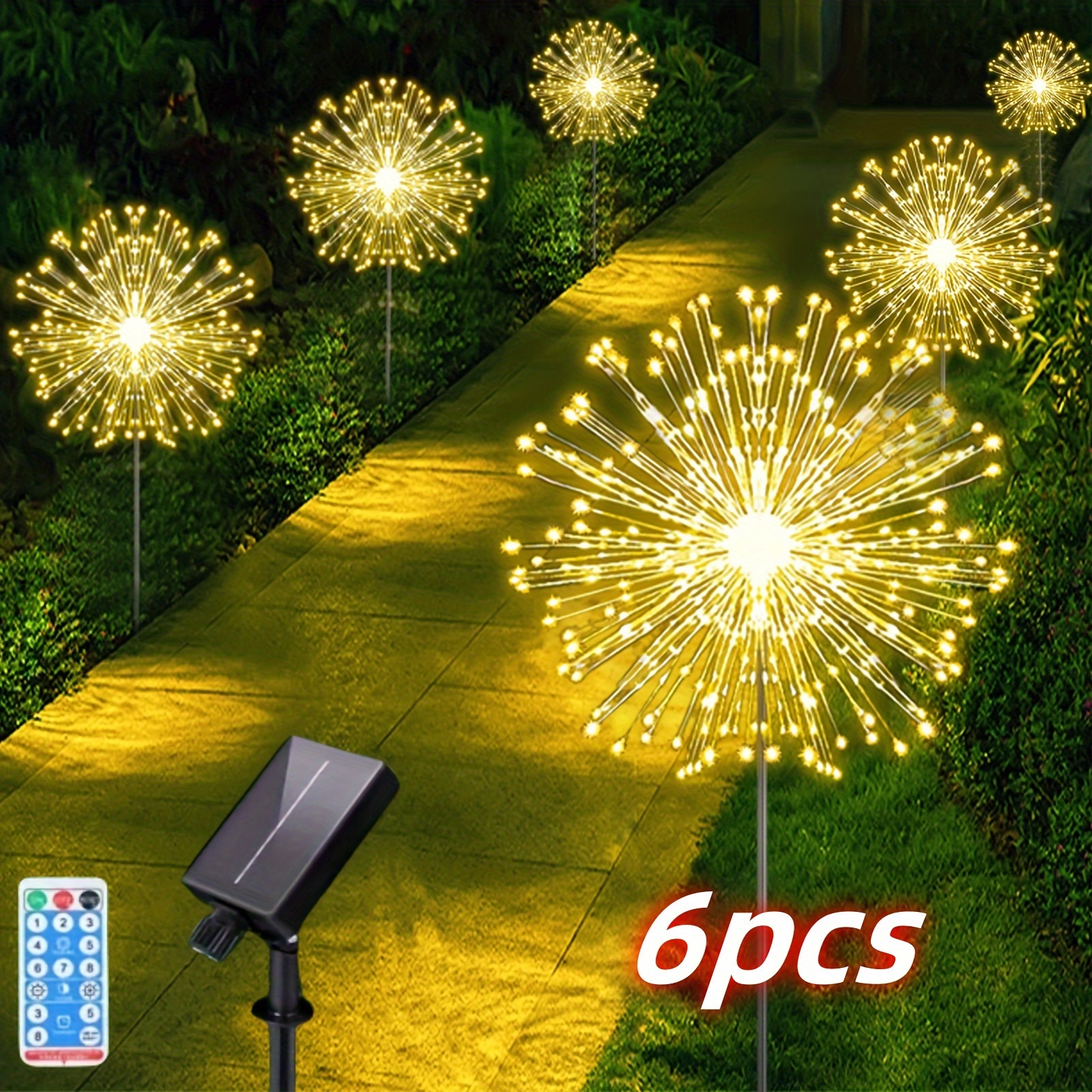 

6pcs/8 , 540 Led, Solar Powered Dandelion Fireworks Light With Remote Control, Diy Shape, Used For Lawn Landscape Lights, Suitable For Christmas, , Celebration Decoration Lights, Warm White