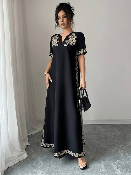 fashionable elegant black embroidered casual dress suitable for parties and and summer