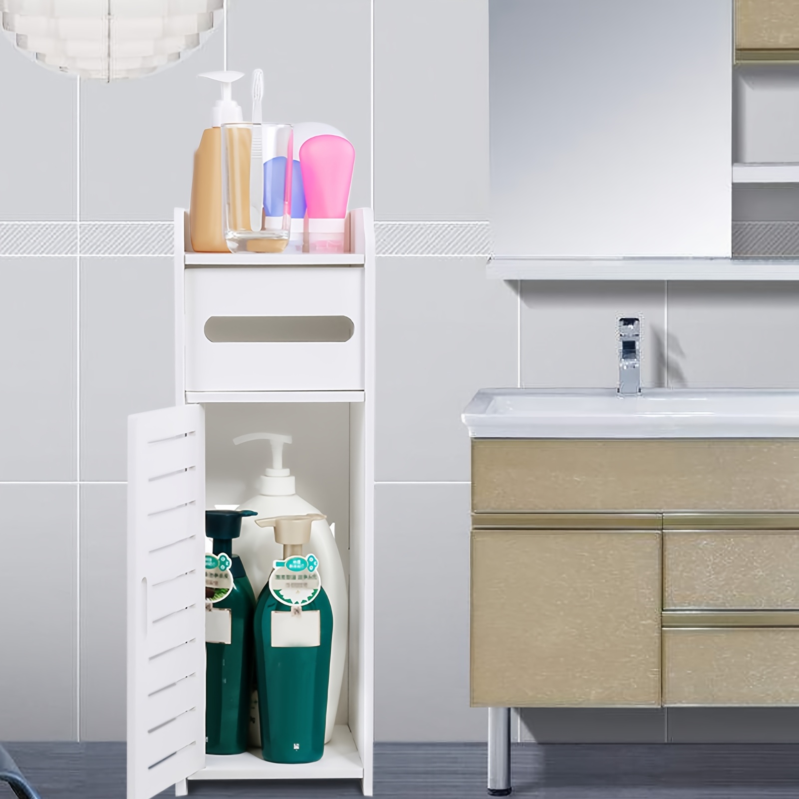 TEMU White Small Bathroom Cabinet, 3 Tier, , Tissue Box Compartment, Freestanding, Minimalist, Pvc Wood-plastic, 17 X 22 X 50cm