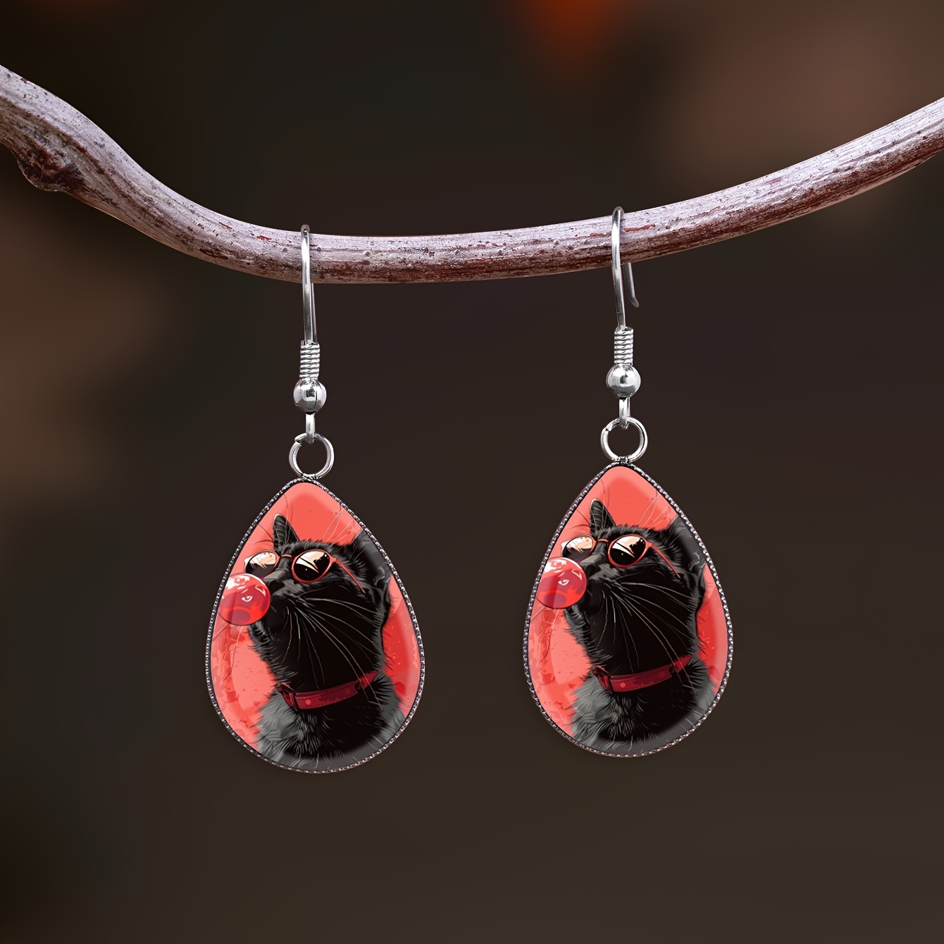 Cartoon Black Cat Blowing Bubbles Pattern Earrings