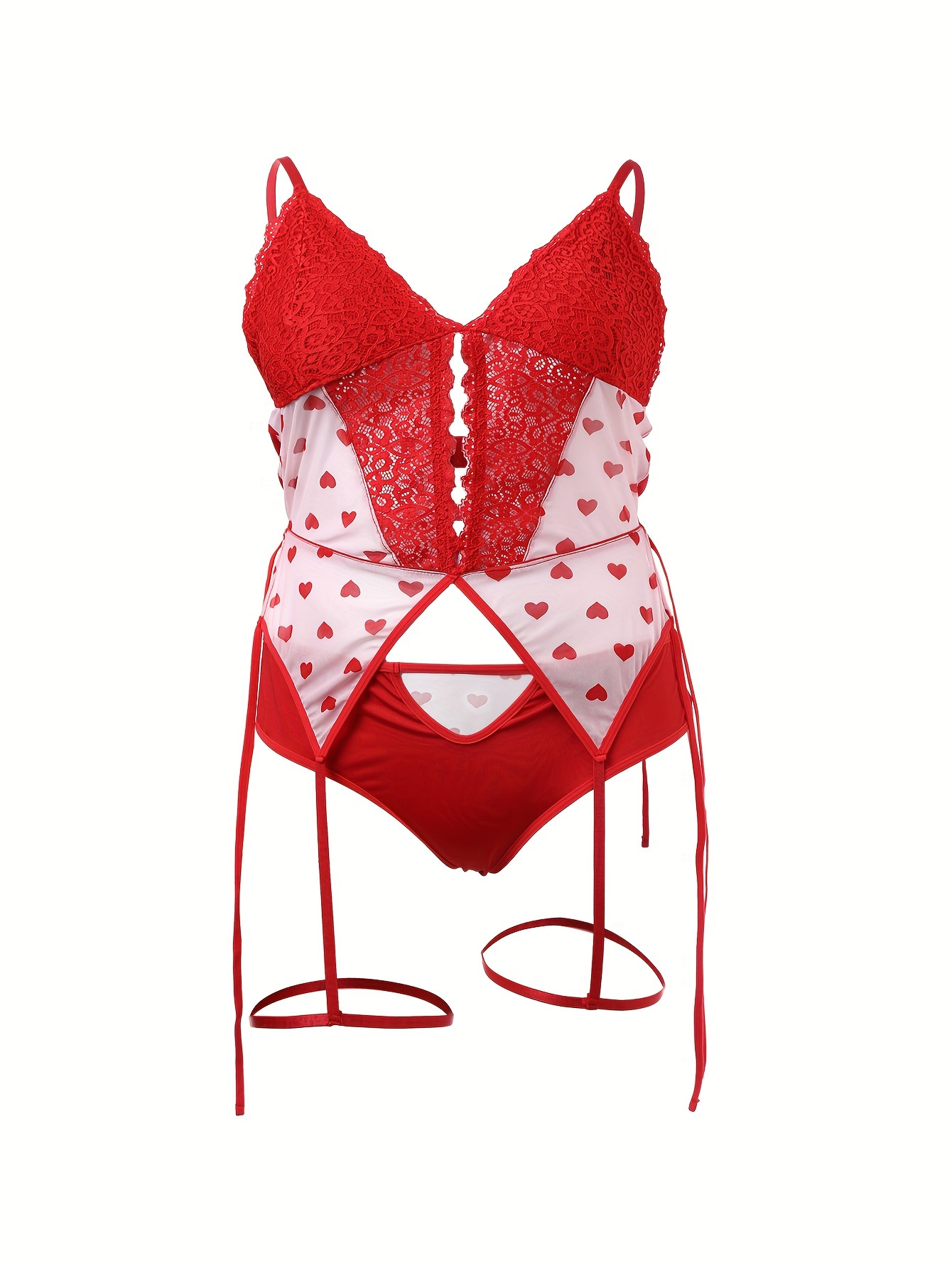 Women's Valentine's Day Sexy Lingerie Set, Plus Size Heart & Letter Print  Contrast Lace Bra & Panty Lingerie 2 Piece Set