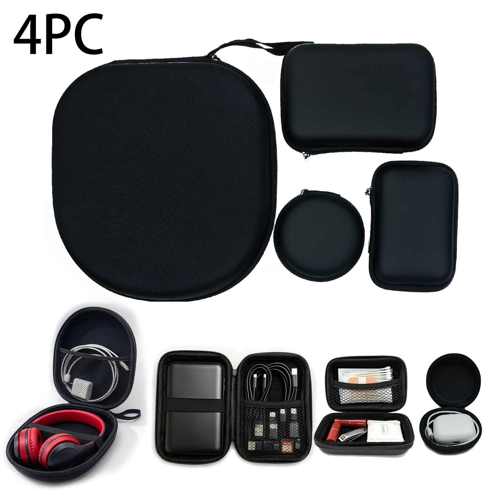 TEMU 4 Sets Black Large Multi-functional Headphone Storage Bag, Shockproof And Pressure-resistant Hard Shell, Headphone Storage Box, Digital Camera