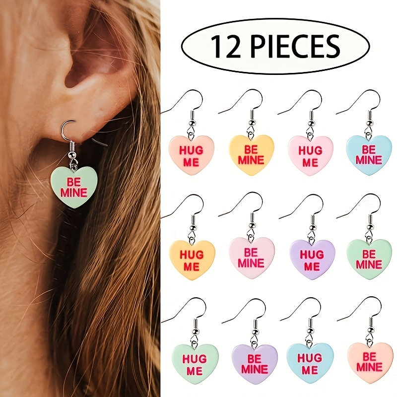 

12-pack Valentine's Day Resin Heart Earrings, Cute Y2k Style "" & "be " Candy-colored Dangle Earrings, Iron Post, Daily & Gift Jewelry For Women