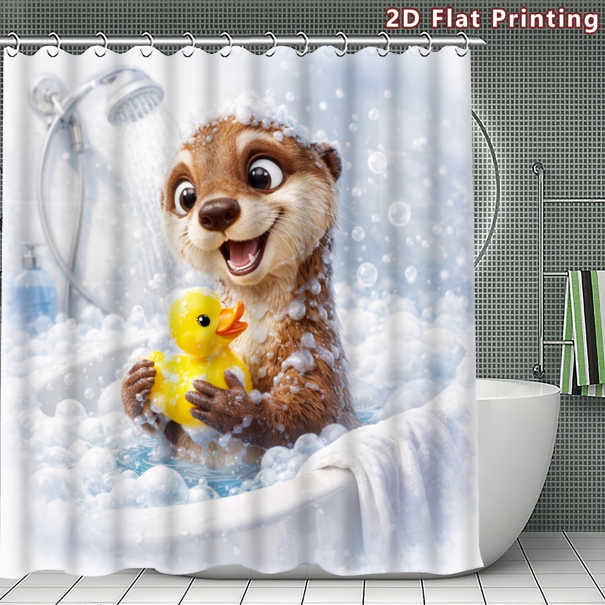 TEMU 2d Flat, 2d Flat, 1pc A 2d Flat Otter Design Shower Curtain Featuring A Duck, Suitable For Bathroom Decoration. In Sizes (80x180cm, 120x180cm,