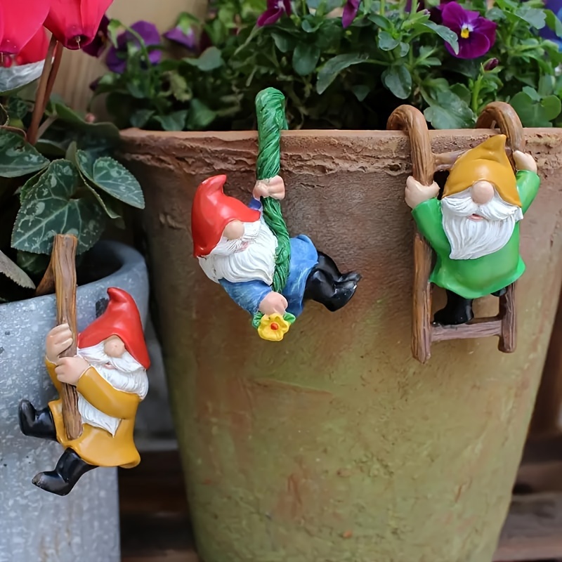 TEMU Lot de 3 miniatures de statues de gnomes en résine, figurines de nains grimpeurs murales avec décoration de pot de fleur, adaptées pour jardin