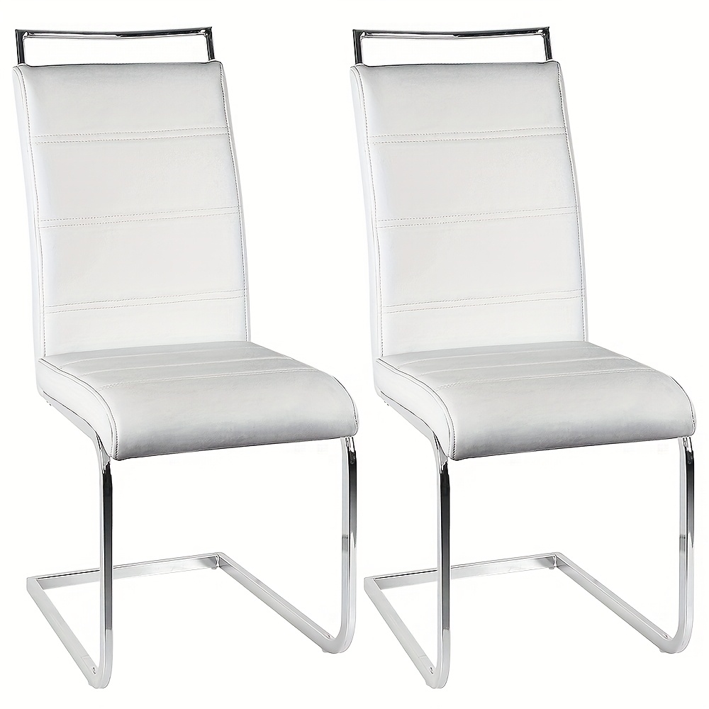 2pcs White Pu Swivel & Cantilever Chairs With Chrome Legs - Soft Padded Seats, Manual Height Adjustment & Gliding Mechanism Suitable, Dining Table, Office - Modern Dining Chairs