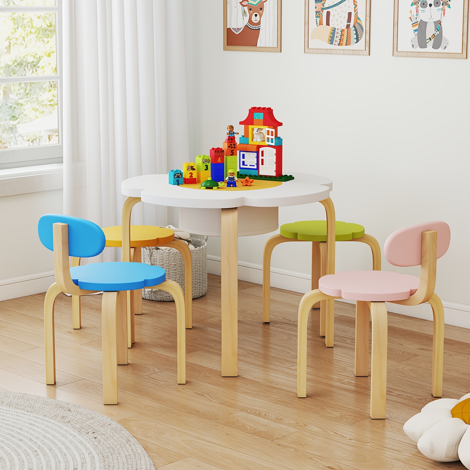Image of Flower-shaped Children Table Set, Wooden Play And Activity Table W/ 2 Colorful Chairs & Stools, Under Tabletop Storage Space, Table & Chair Sets, Toddler Activity Table For Arts & Crafts