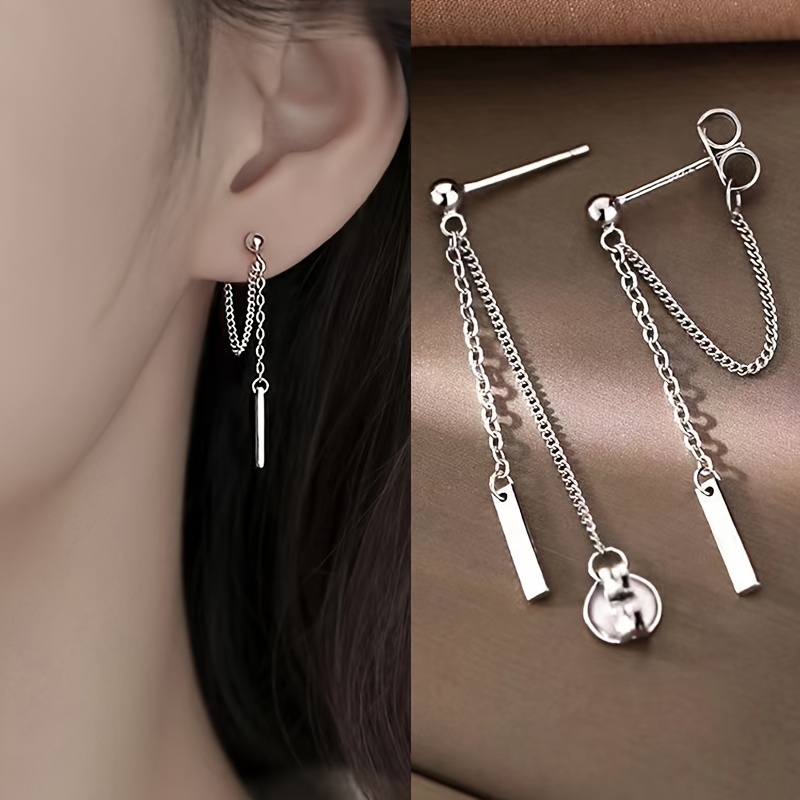 

Elegant Long Tassel Chain Drop Earrings With Geometric Vertical Bar - Stainless Steel, Sexy Dangle Earrings For Women, & Parties, Valentine's Day Gift, Accessory