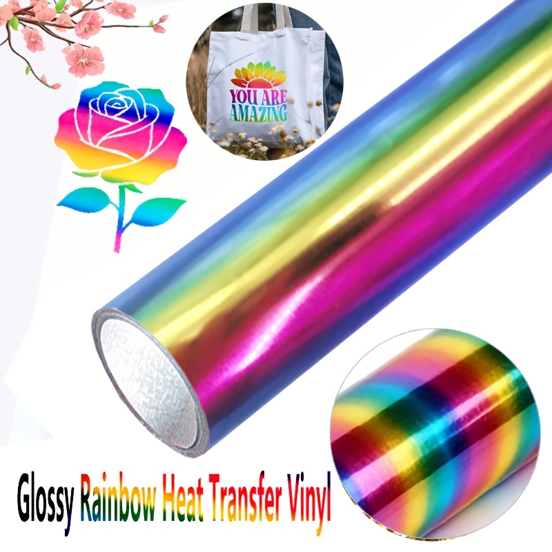 Shiny Rainbow Heat Transfer Vinyl Roll, Measuring 12" X 19.6", Suitable For T-shirts, Hats, Shoes, Bags, And Clothing Designs. Well With Cricut Or And Is Easy To Cut And Weed