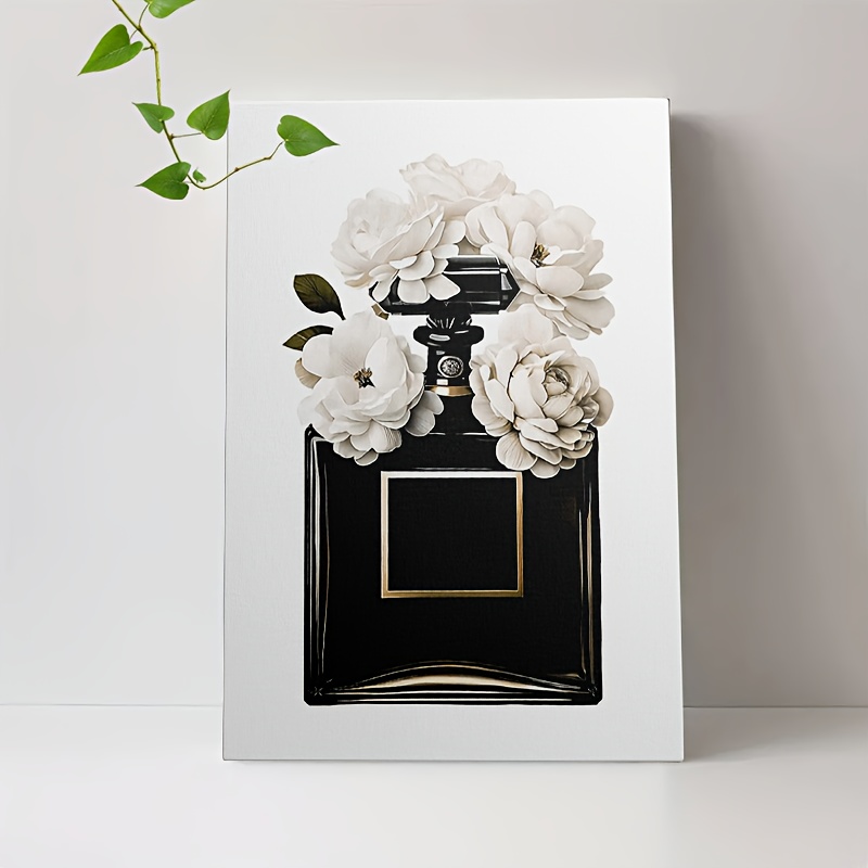 E-shop 2D Flach, 2D Flach, 1 Stück gerahmtes Leinwandbild mit einer stilvollen schwarzen Parfümflasche, begleitet von weißen Blumen - ein luxuriöses