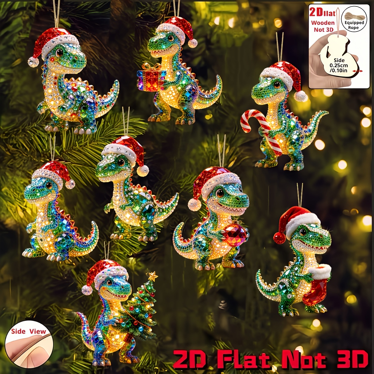 TEMU 2d Flat, 8pcs Set, 2d Embossed Wooden Material Home Pendant, Christmas, Mother's Day, Father's Day, Dinosaur With Santa Hat, Holiday Pendant,