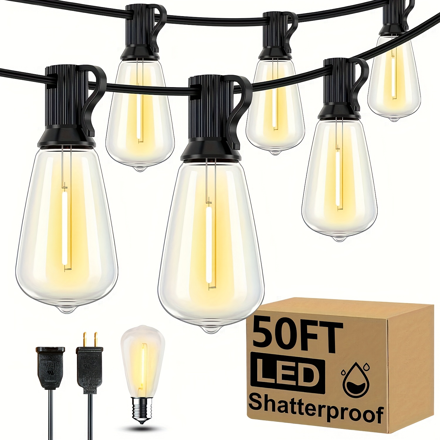 50-200 ft LED Outdoor String Lights with Shatterproof ST38 Edison Bulbs, E12 Socket, Black Wire, 2700K Dimmable Hanging Lights for Party and