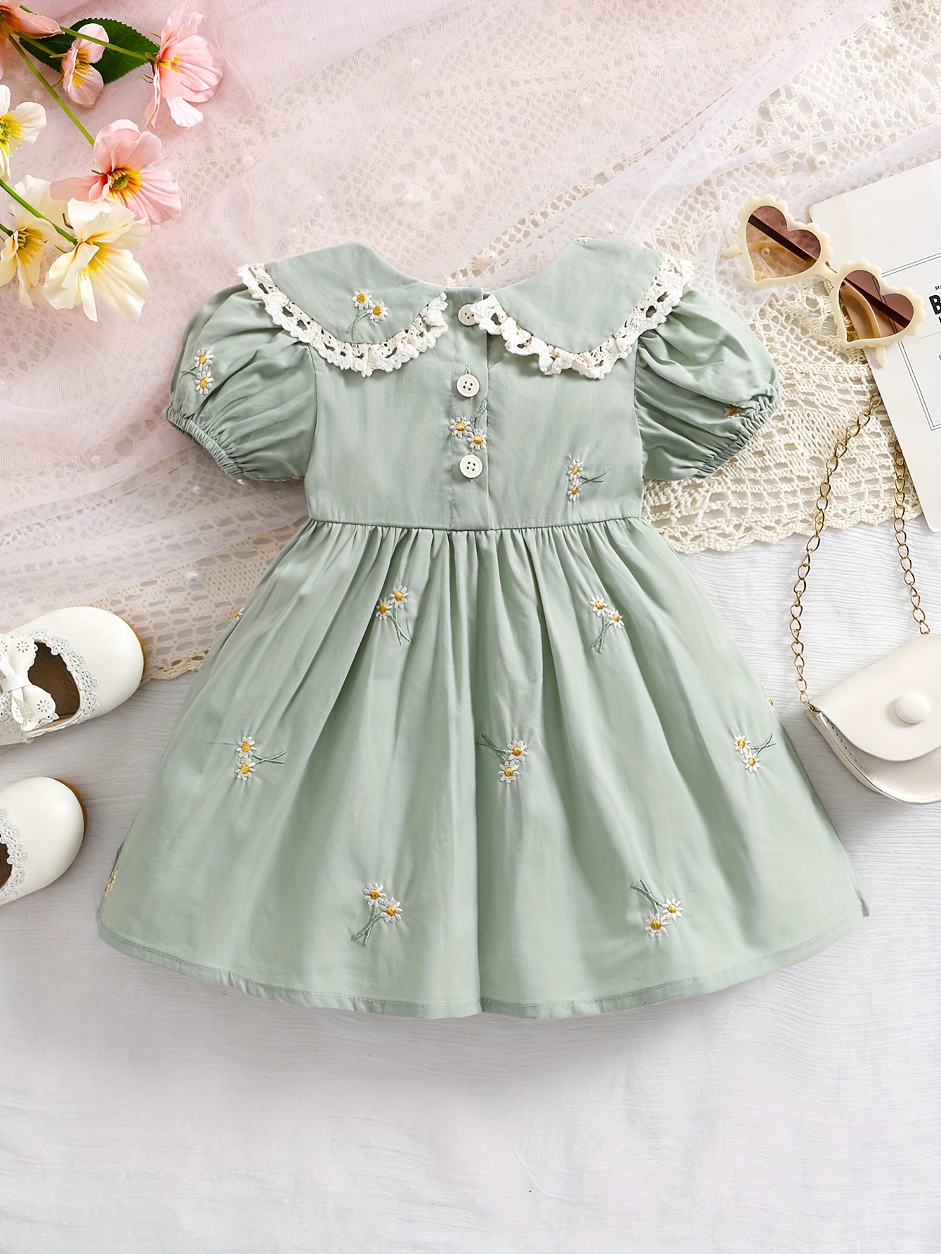 Girls' Summer Short Sleeve Long Stem Chrysanthemum Full Body Embroidery  Lace Collar Dress, Casual Elegant Dress