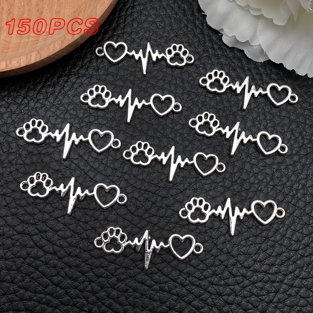 

150pcs Love Bear Paw Electrocardiogram Double Hole Alloy Pendant Diy Handmade Jewelry Bracelet Necklace Metal Accessories Production Supplies