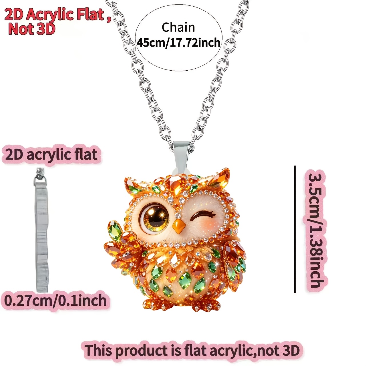 2D Acrylic Owl Pendant Necklace, Unisex Gift