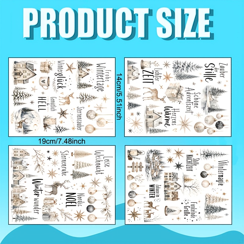 TEMU 4 Sheets/set, Winter Christmas Themed Transfer, Nordic Style Winter Text Decoration Patterns, Watercolor Winter Elements Transfer, Easy And Warm