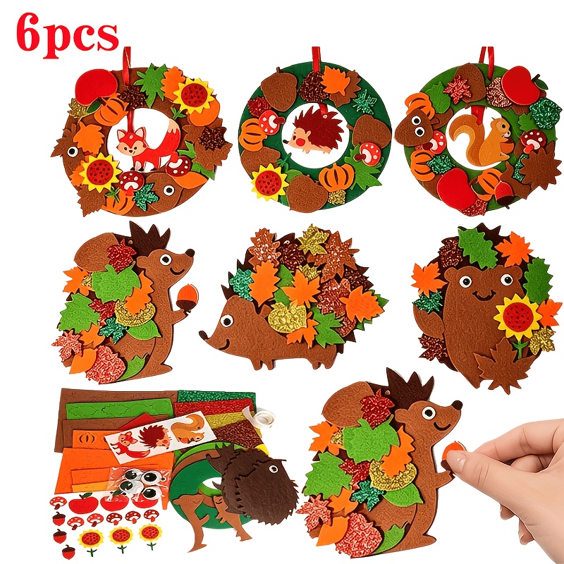 TEMU 6pcs Multi-piece Party Gifts Forest Animal Felt Ornaments, Including Fox, Hedgehog, Squirrel And Maple Leaf Wreaths, Suitable For Thanksgiving,