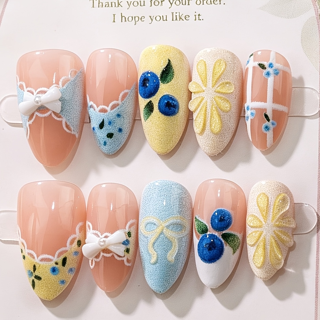 TEMU French Sweet Almond Press-on Nails Suitable For - 3d Blueberry & Orange Fruit Pulp With Lace Bow, Color-blocking Detachable Reusable Extensions,