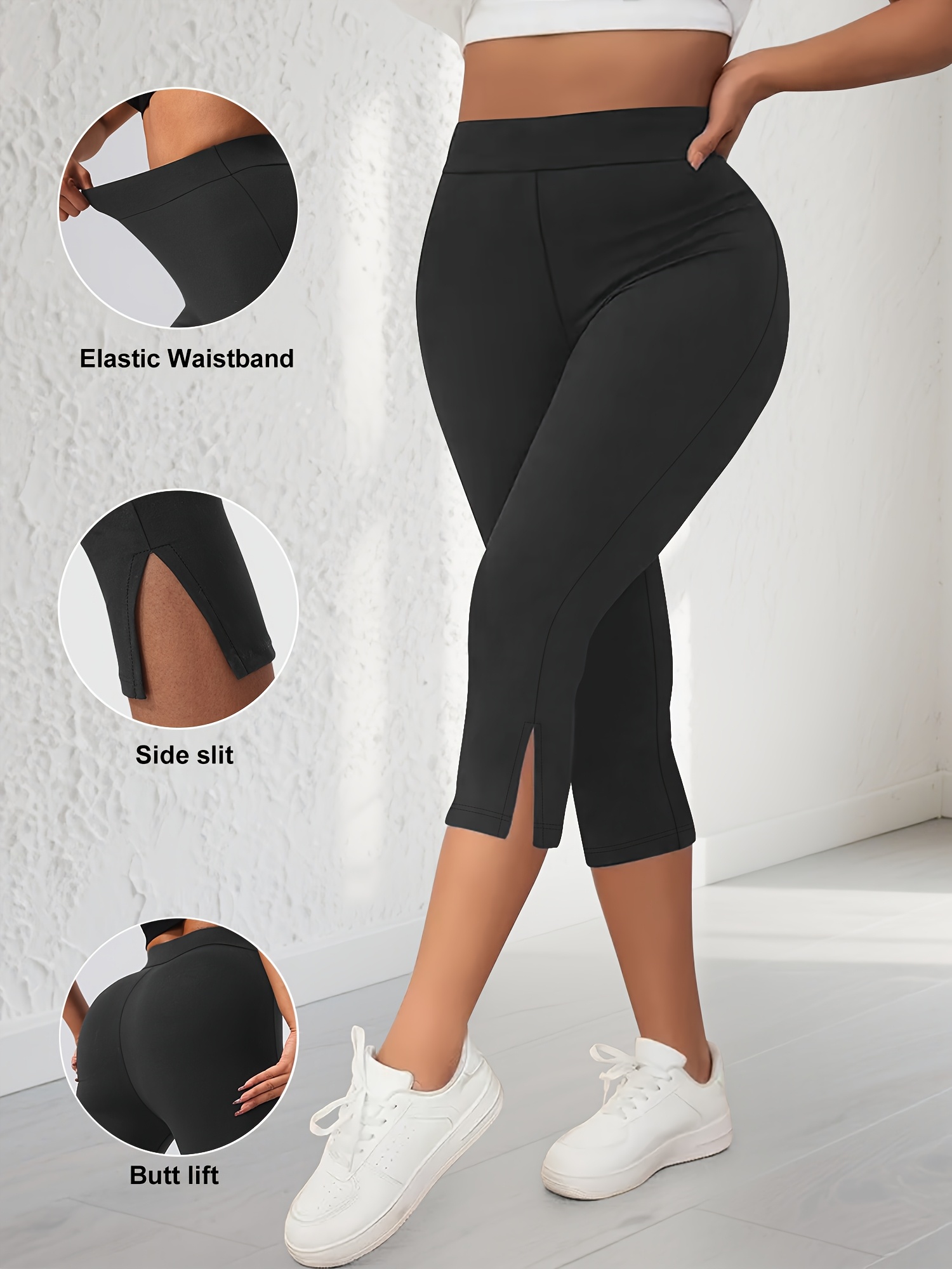 Hlače Capri za žene većih s elastičnim pojasom od 4,5 cm, fitness hlače s prorezom na elegantne i velikodušne, izrađene od visoko elastične tkanine, vrlo rastezljive, prikladne za razne veličine, ...
