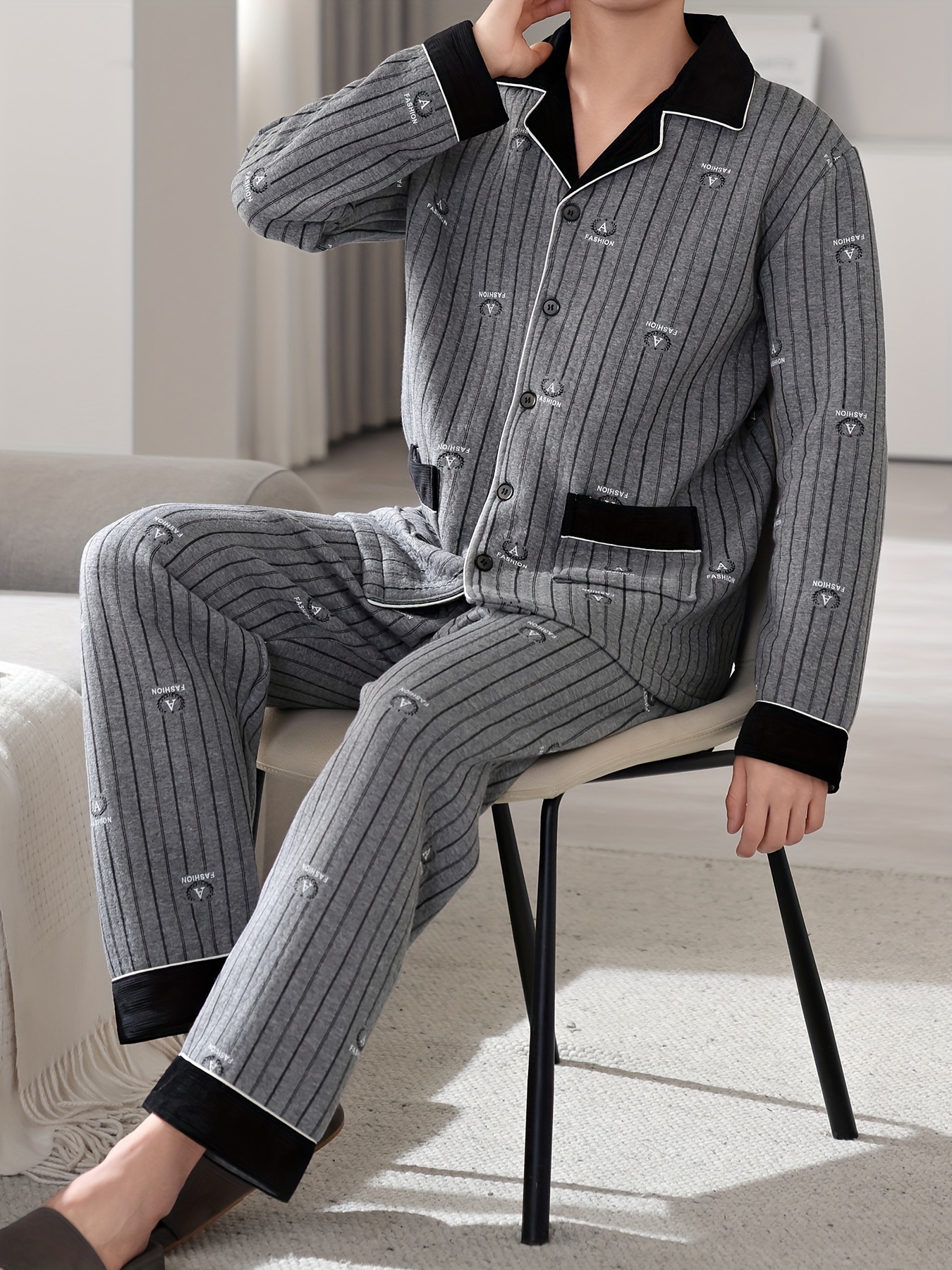 Men'S Casual Cotton Pajama Set with Lapel Collar, Geometric-Pattern, Long Sleeve, Loose Fit, Slight Stretch, Knit Fabric, Winter Warm Thickened, Triple-Layer Cotton Lined Sleepwear with Pockets
