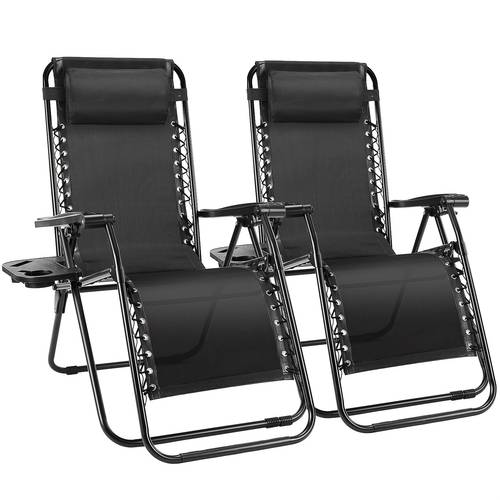 2pcs zero outdoor folding recliner lounge chair breathable fabric adjustable reclining patio chair with cup holder trays headrest pillow for beach camping poolside backyard garden lawn