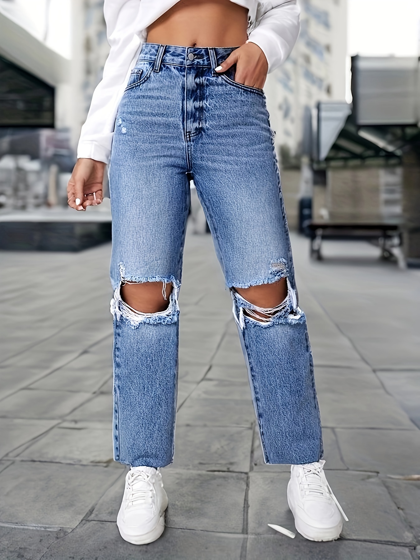 Ripped High * Knee Cut Jeans, Slash Pocket Casual Slim Fit Tapered Denim  Pants, Women's Denim Jeans & Clothing