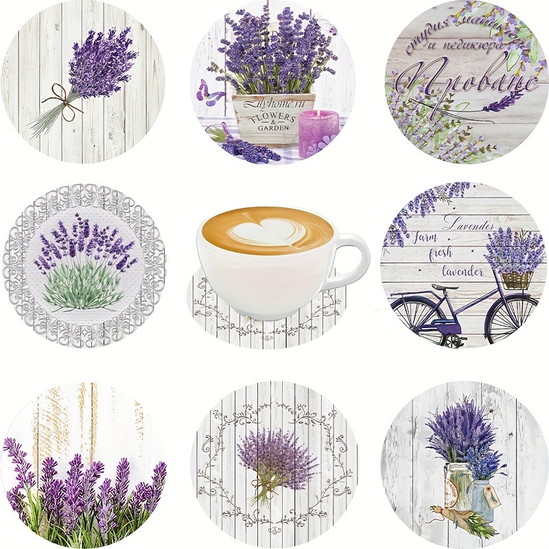 

Lavender Bliss 8-piece Wooden Coaster Set - Perfect For Tea, Coffee & Beverages - Ideal Home & Restaurant Decor, Great Holiday Gift