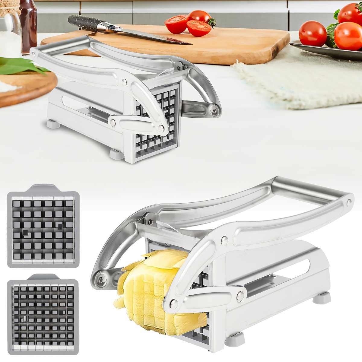 

Stainless Steel French Fry Cutter - Manual Vegetable Chopper With 2 Interchangeable Blades, Multifunctional For Tomatoes And Fruits, Kitchen Gadget Tool Without Power Supply, Vegetable And Chopper