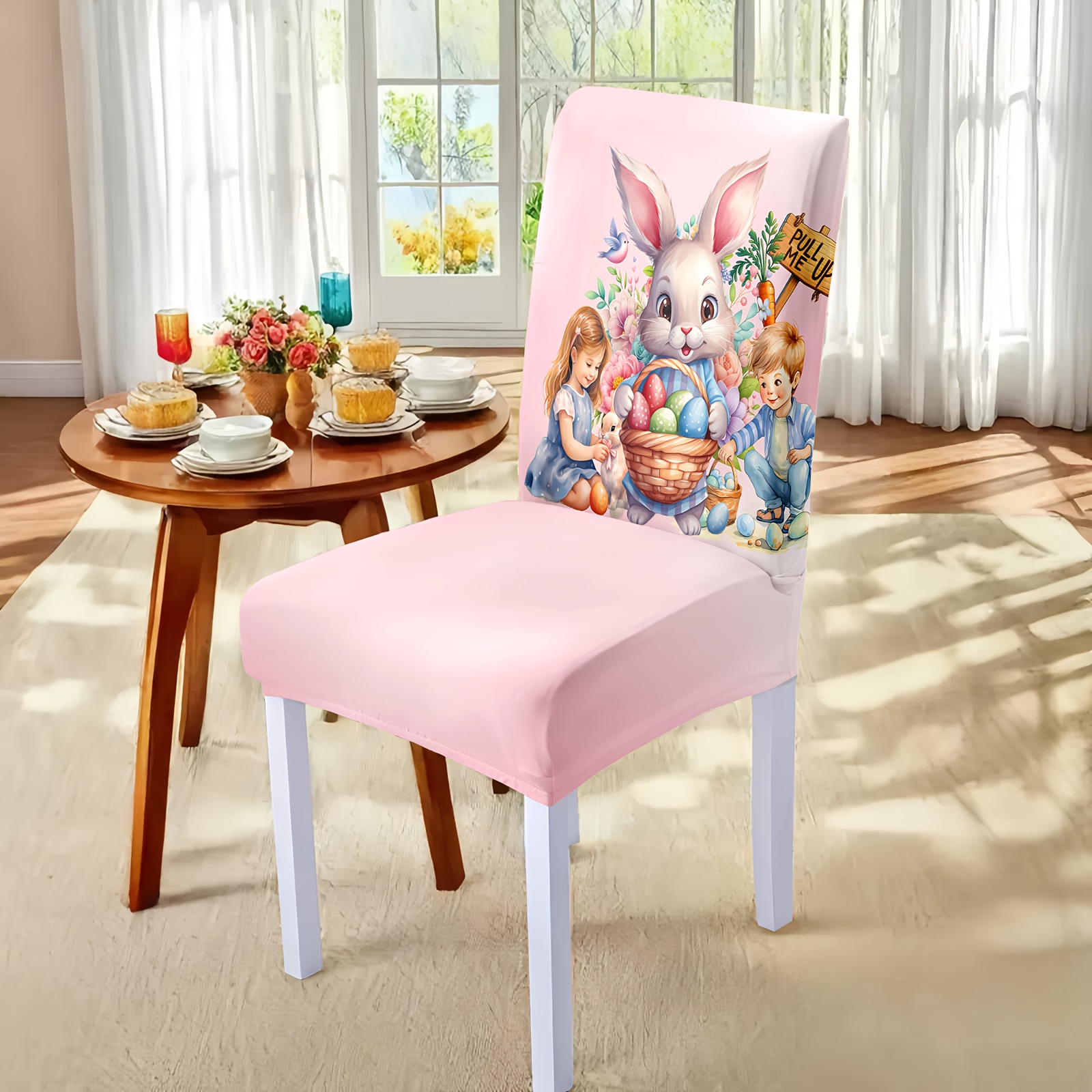 

Open, 4pcs/6pcs Easter Cartoon Rabbit Pattern Chair Covers, Easter Gifts, Fabric, Universal Size, Removable, Washable, And Dirt-resistant, Easter Chair Covers Suitable For Decorations.