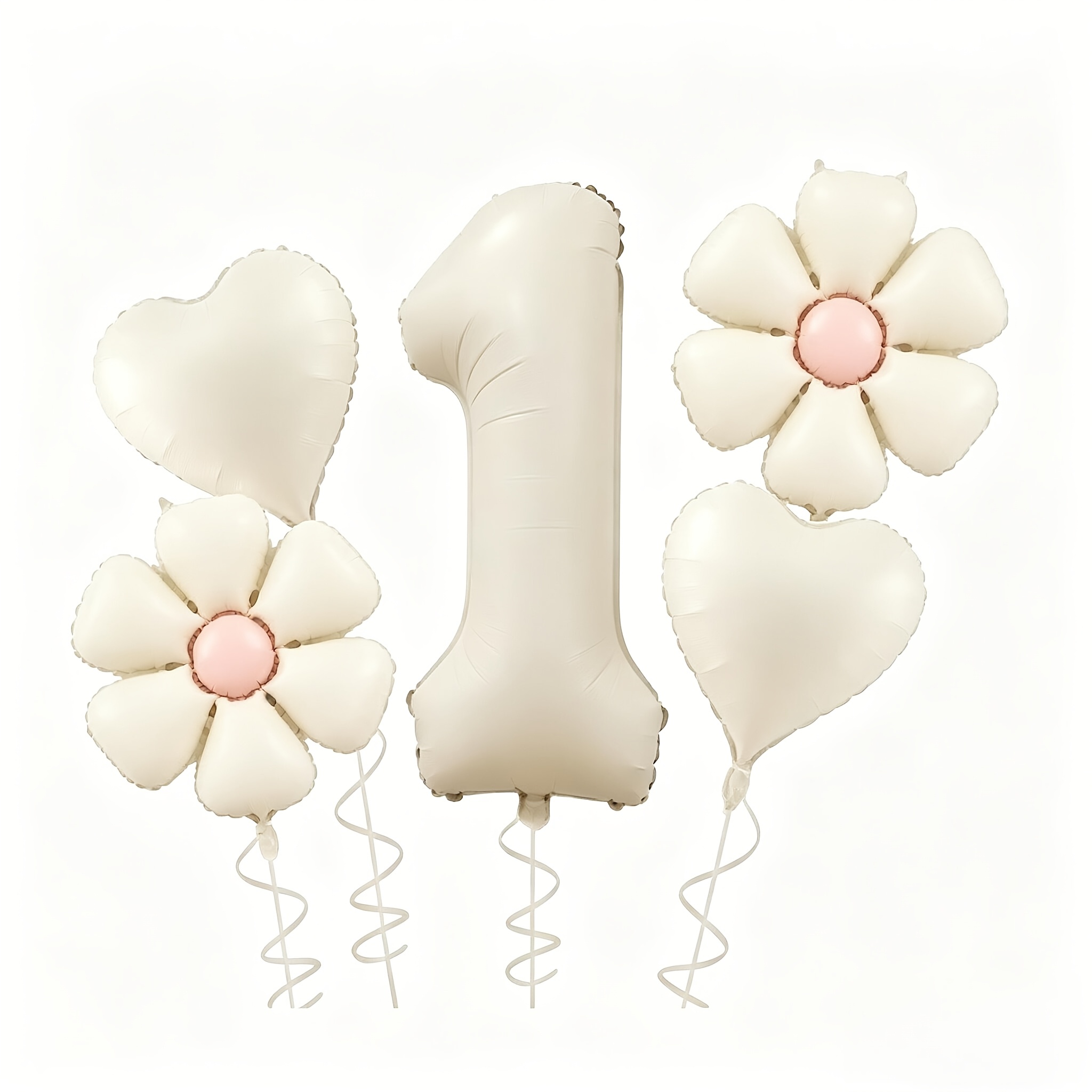 Image of Creamy Balloon Set (numbers 1-9 Optional + 2 Daisy Balloons + 2 Heart Balloons + Straw + Ribbon), Birthday Party Decorations, Anniversary Backdrop Decor, Photo Props, For Halloween, Christmas