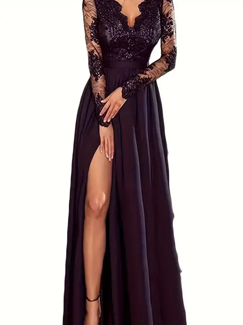 womens crochet lace formal dress solid color long sleeve party wedding dress bridesmaid long dress