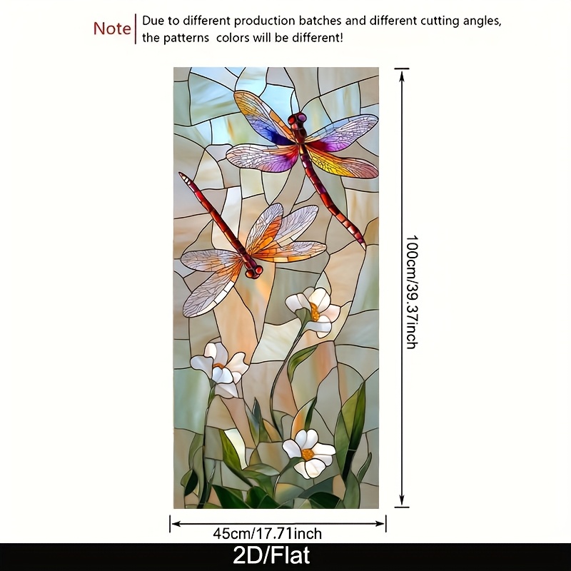 TEMU 1pc Vibrant Dragonfly & Floral Stained Glass Window Decal - 2d Flat Design, Double-sided Effect, Removable Pvc, 17.71x39.37 Inches, Ideal For
