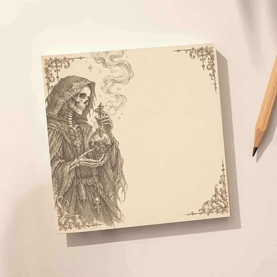 TEMU Bloc-notes Fantaisie Gothique avec Crâne de , Bouteille de Potion Mystérieuse, Effet de et Bordure Vintage, Papier à Lettre Esthétique Dark