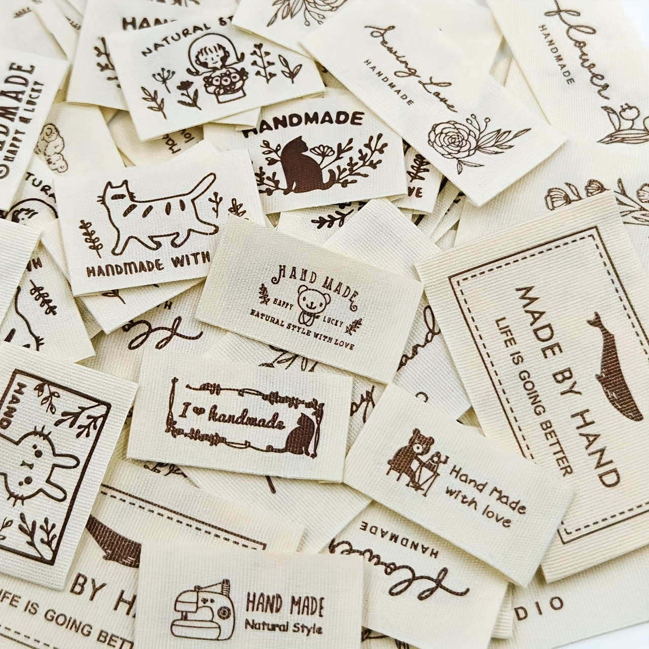 Image of 30pcs Handmade Fabric Labels For Crafts, Sewing Tags For Hats, Scarves, Bags & Hair Ties, Assorted Designs, Perfect For Decorating Projects, Fabric Tags, Sewing Supplies Additions (pattern Sent )