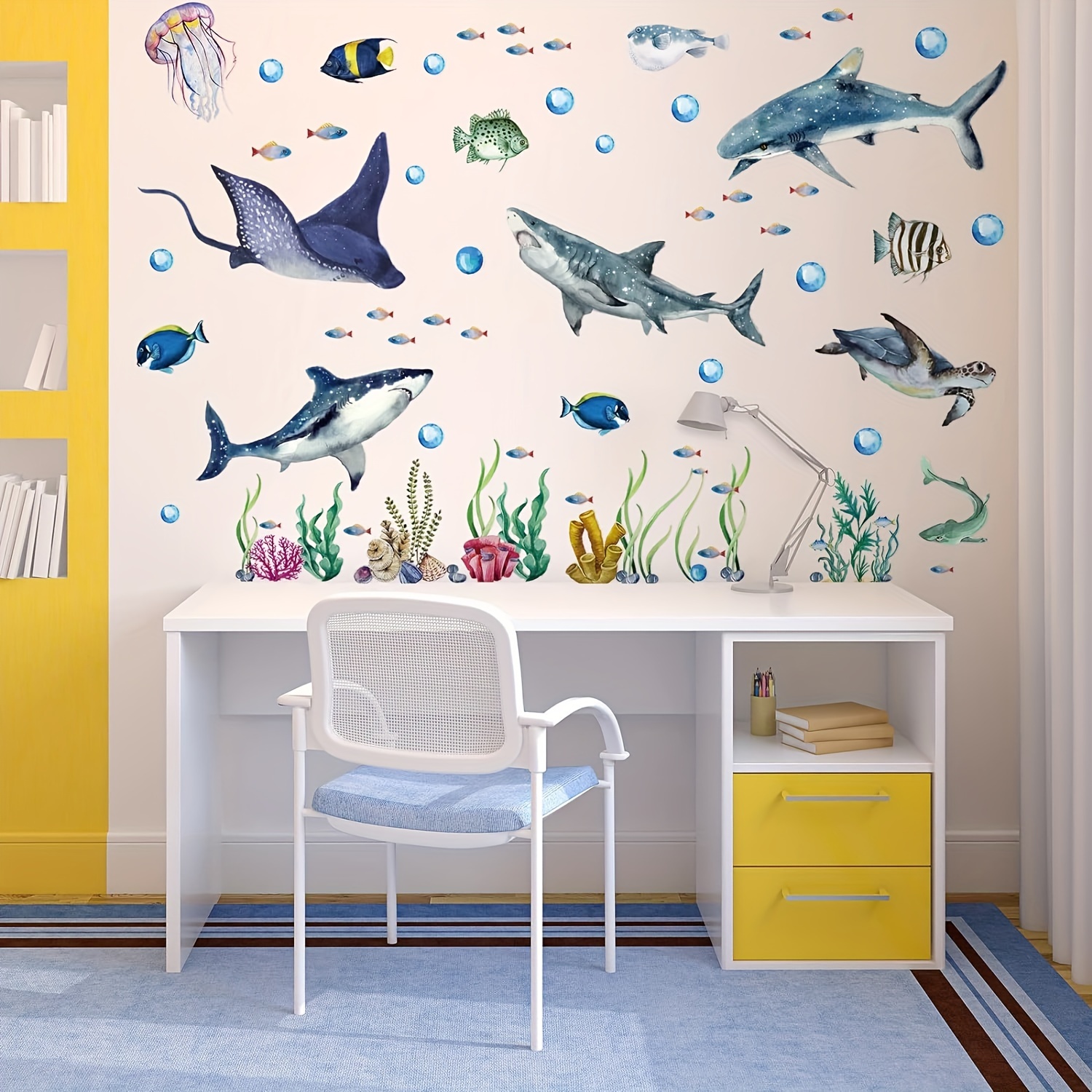 3pcs Deep Decorative Wall Stickers Whales, Octopuses, Sharks, Turtles Diy Decor Room Background Wall Decoration Home Wall Decorative Stickers