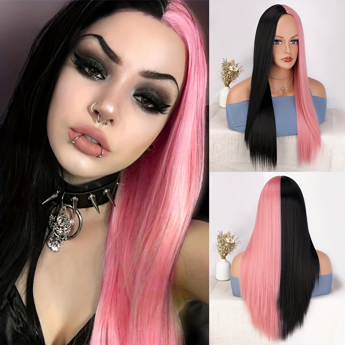 Half Black Half Wig Long Straight Wigs For Women Heat Resistant Synthetic Wig Halloween Cosplay Wig For Makeup Party 26 Inches