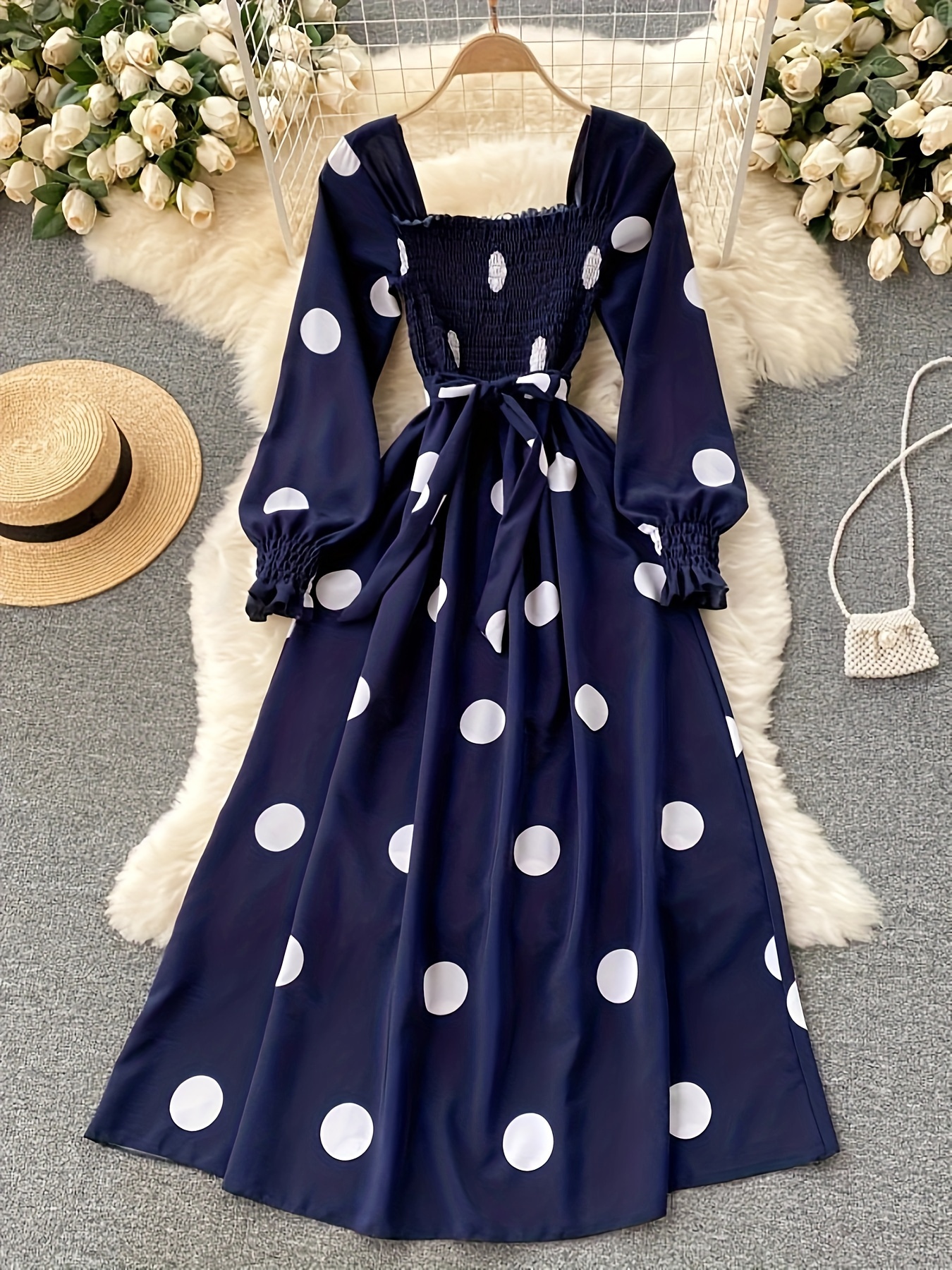 Polka Dot Print Dress Plus Size Casual Square Neck Shirred - Temu Canada