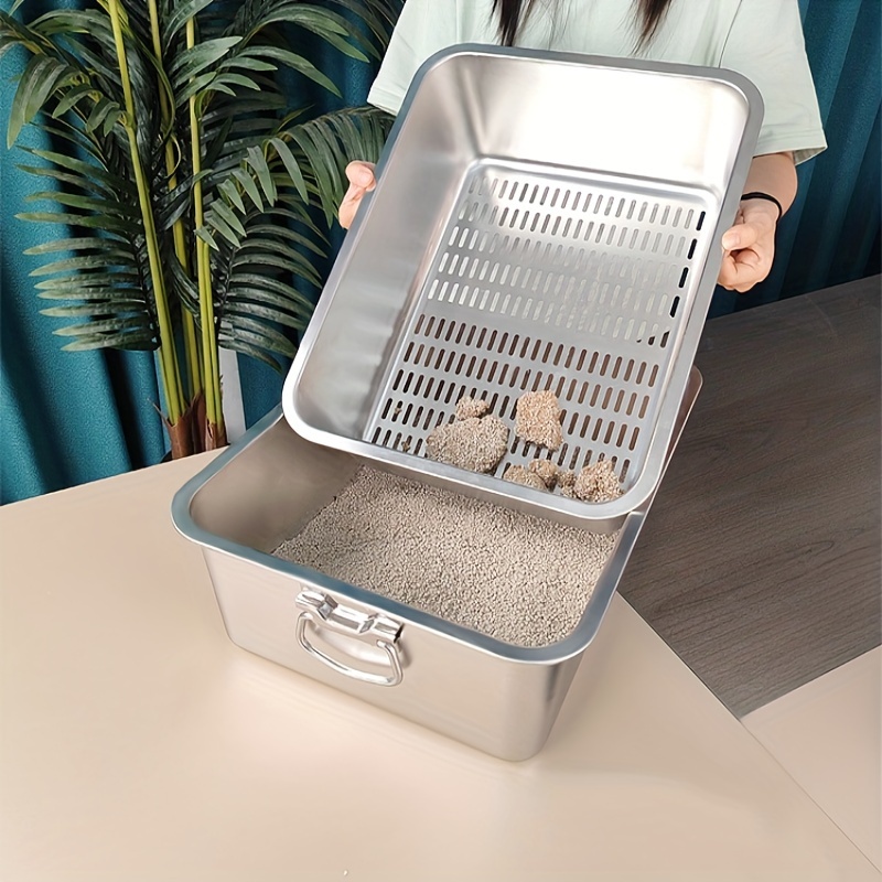 

Easy-clean Double-layer Stainless Steel Cat Litter Box With Handles - Rectangular, Pet Supplies