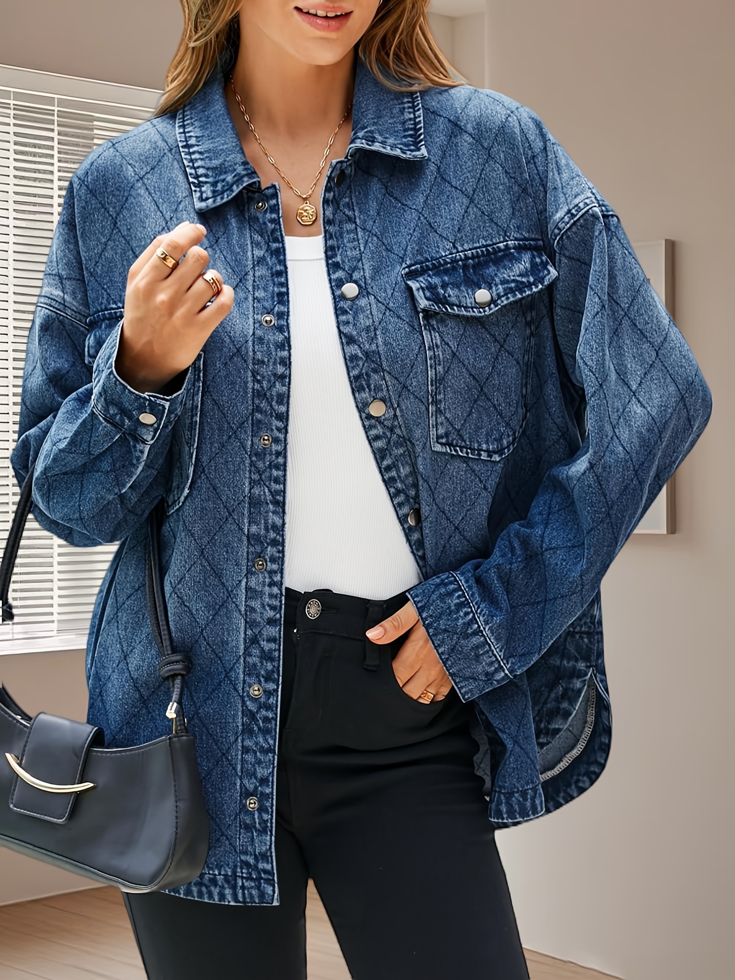 Womens Oversized Denim Jackets Trendy Diamond Quilted Button Jean Shackets  Casual Lightweight Shirts Jackets
