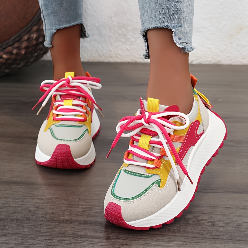 New Women's Dad Shoes 2024 Autumn Height-Increasing Casual Breathable Thick-Sole Red Color-Block Travel Versatile Shoes, Women Shoes, Sneakers