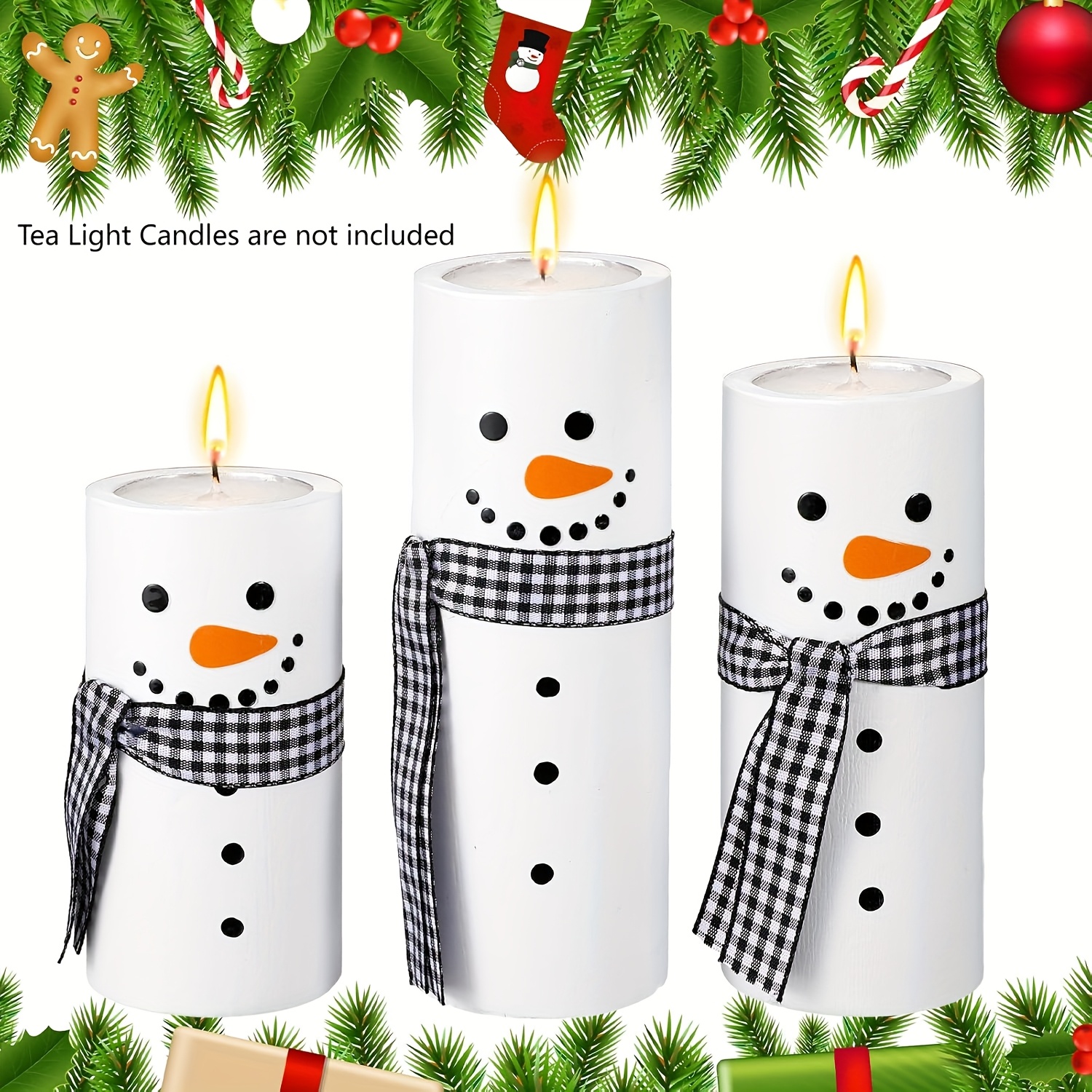 TEMU 3pcs, Snowman Wood Candlestick, Light, Candle, Snowman Center Table Ornaments, Family Farmhouse Christmas Christmas Candlestick