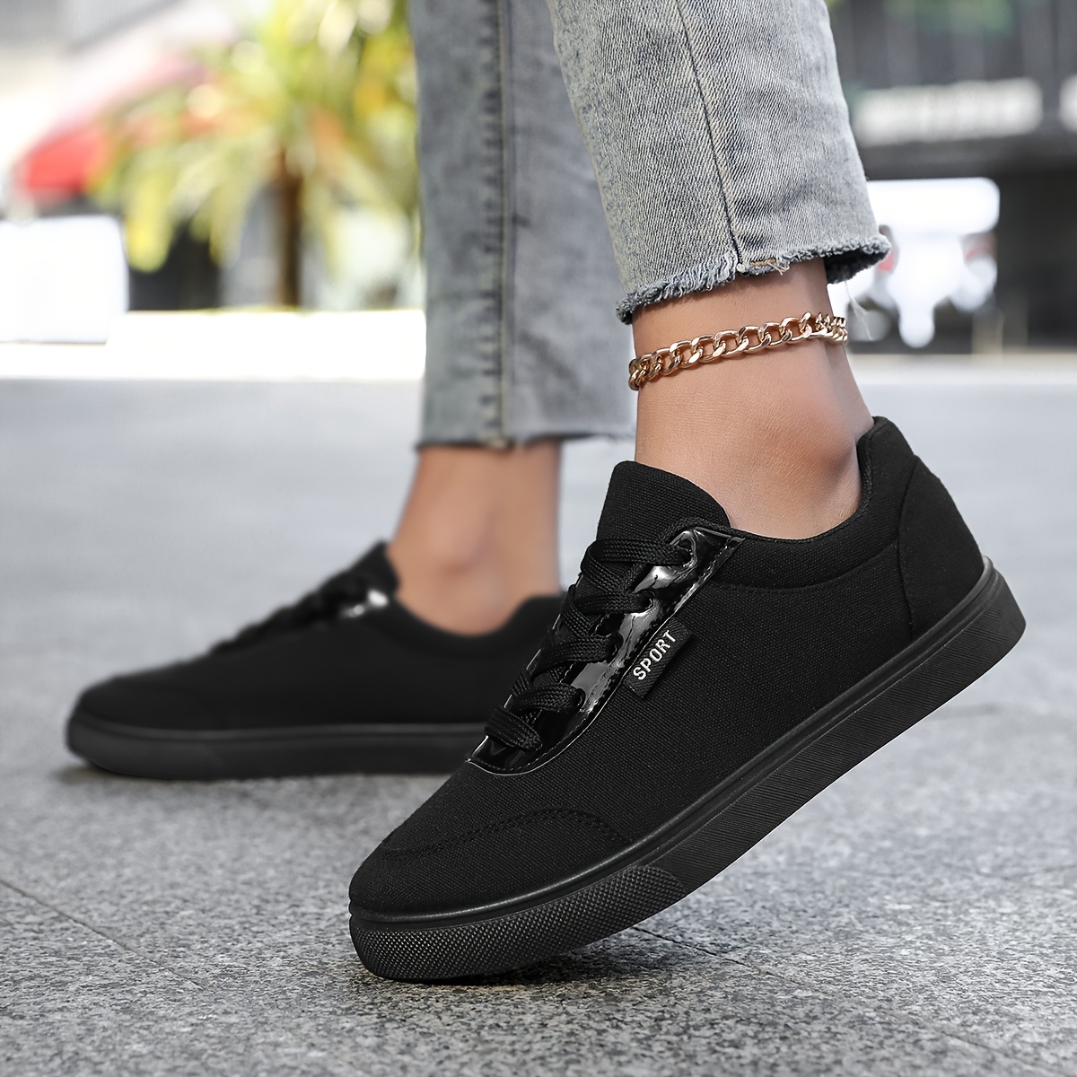 Zapatillas deportivas casuales para mujer de color con cordones para  skate, cómodas y bajas en */verano, zapatos negros