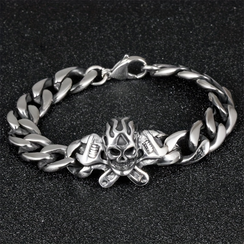 1pc Retro Gothic Wrench Skull Bracelet For Men And Women Street Hip-hop Jewelry Gift