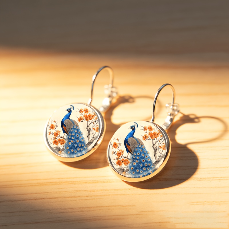 2pcs Set White French-style Earrings with Blue Peacock Design