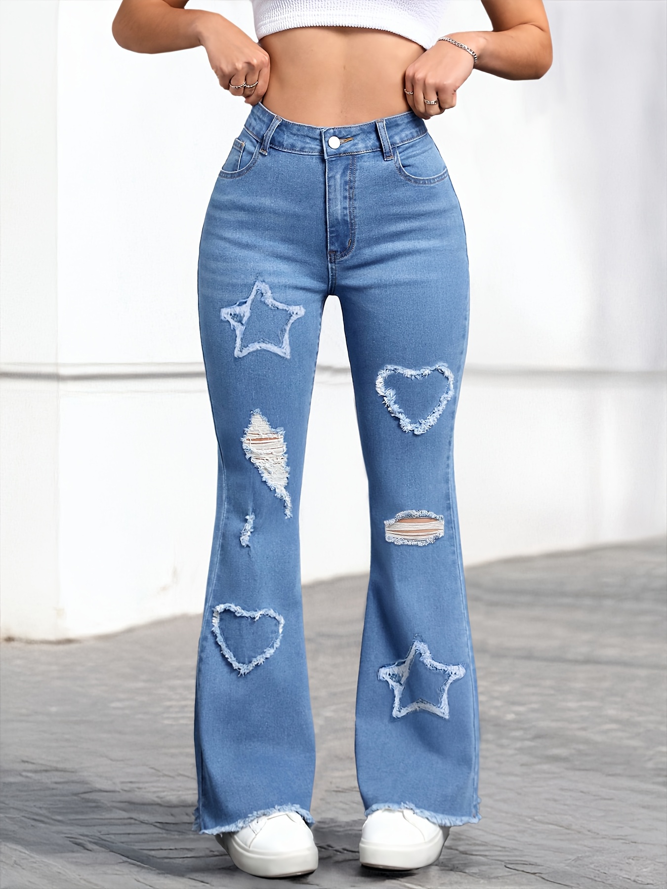 Damen Flared Jeans mit Herz & Stern Design