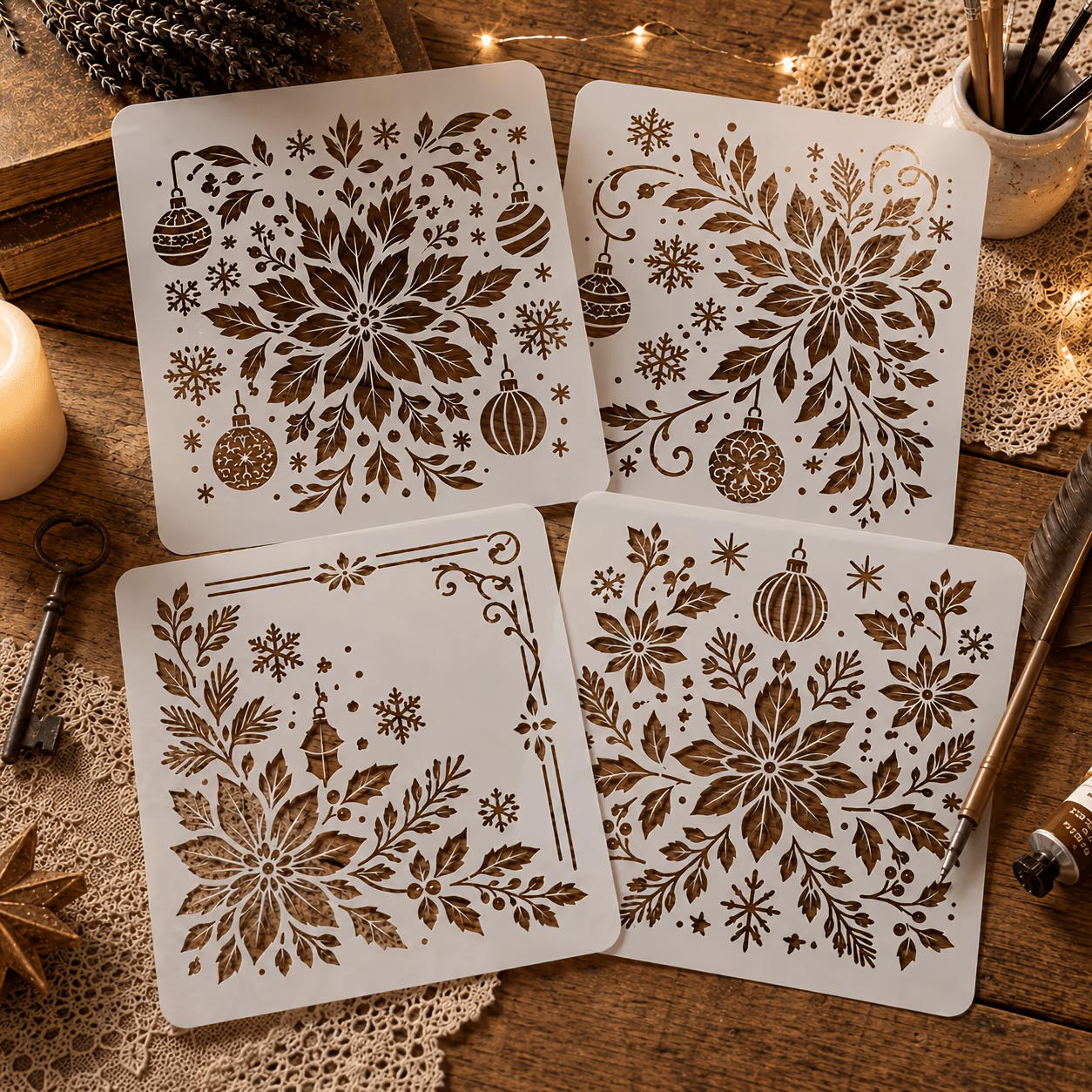 TEMU Premium Christmas Poinsettia And Snowflake Painting Stencil Set, 4pcs Large Reusable Holiday Floral Ornament Templates For Wall Art, Canvas,